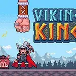 Một chiến binh Viking đang đứng cạnh một người khổng lồ và một con lợn rừng dưới bầu trời xanh, với chữ Viking King ở phía trên