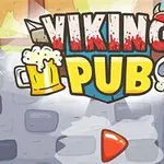 Hình ảnh có logo Viking Pub với hình ly bia và đầu lâu bên cạnh, nằm trên nền tường đá và cánh cửa gỗ, có nút mũi tên màu đỏ bên dưới
