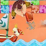 Người đàn ông cầm xô đỏ đứng trên tường gạch màu sắc, bên dưới là thuyền buồm cách điệu rồng trên biển xanh, mây trôi phía sau