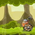 Một nhân vật Viking với rìu và khiên đứng trong khu rừng, đối diện với một mục tiêu treo