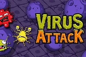 Các nhân vật virus hoạt hình đầy màu sắc trên nền tối với chữ Virus Attack
