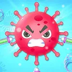 Hình ảnh hiển thị một virus đỏ với khuôn mặt giận dữ bị tấn công bởi nhiều ống tiêm màu xanh lá, bao quanh bởi các mảnh vỡ của mặt nạ trên nền xanh dương