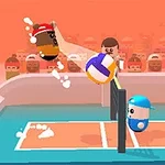 Hai nhân vật hoạt hình đang chơi bóng chuyền trên sân với khán giả cổ vũ phía sau