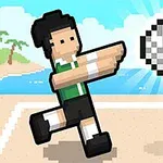 Nhân vật pixel đánh bóng chuyền trên bãi biển với quả bóng và lưới trong khung cảnh nền biển xanh