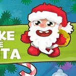 Ông già Noel vui vẻ đứng trên nền có các kẹo gậy và cây thông