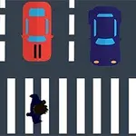 Một nhân vật đang băng qua đường trên vạch kẻ zebra giữa các xe xe hơi màu đỏ, xanh dương và xanh lá trong một khung cảnh thành phố