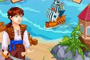 Một nhân vật trẻ cầm kiếm đứng trên bãi biển với một con tàu buồm lớn ở xa
