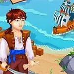 Một nhân vật trẻ cầm kiếm đứng trên bãi biển với một con tàu buồm lớn ở xa