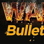 Chữ WAR với hiệu ứng lửa cháy và chữ Bullet với hình viên đạn màu vàng trên nền đen