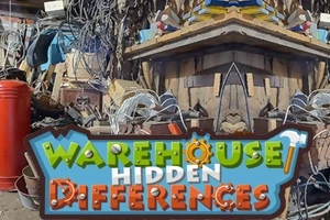 Một nhà kho lộn xộn với nhiều dây cáp và đồ vật, chứa tiêu đề Warehouse Hidden Differences ở phía trước