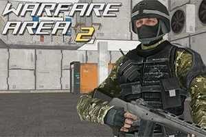 Người lính mặc đồ rằn ri cầm súng đứng trong một khu vực công nghiệp với chữ WARFARE AREA 2 phía trên