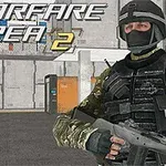 Người lính mặc đồ rằn ri cầm súng đứng trong một khu vực công nghiệp với chữ WARFARE AREA 2 phía trên
