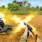 Bức tranh hiển thị cảnh một chiếc xe quân sự bị bắn, với một người lính đang cầm súng và có nền là cây cối và nhà ở xa xa