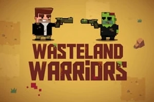 Hai nhân vật hoạt hình đối đầu nhau với nền chữ Wasteland Warriors trên nền màu vàng