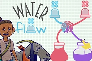 Một nhân vật đứng cạnh con dê, bên cạnh là chữ Water Flow và hình minh họa đường ống nước màu sắc kết nối các bình chứa