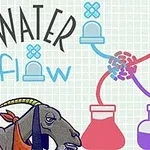 Một nhân vật đứng cạnh con dê, bên cạnh là chữ Water Flow và hình minh họa đường ống nước màu sắc kết nối các bình chứa