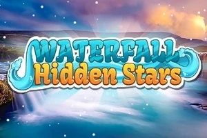 Chữ Waterfall Hidden Stars nổi bật trên nền cảnh thác nước với bầu trời hoàng hôn