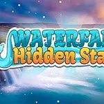 Chữ Waterfall Hidden Stars nổi bật trên nền cảnh thác nước với bầu trời hoàng hôn