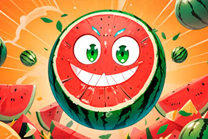 Hình ảnh một quả dưa hấu hoạt hình có khuôn mặt vui vẻ, mắt xanh và miệng cười rộng, với hậu cảnh là các phần dưa hấu rải rác và nền màu cam