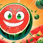 Hình ảnh một quả dưa hấu hoạt hình có khuôn mặt vui vẻ, mắt xanh và miệng cười rộng, với hậu cảnh là các phần dưa hấu rải rác và nền màu cam