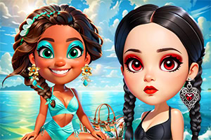 Hai nhân vật hoạt hình phong cách dễ thương đứng bên bờ biển, một người mặc bikini xanh ngọc và người kia mặc váy đen với bím tóc