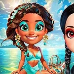 Hai nhân vật hoạt hình phong cách dễ thương đứng bên bờ biển, một người mặc bikini xanh ngọc và người kia mặc váy đen với bím tóc