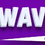 Chữ WAVE màu trắng trên nền tím với một quả bóng đen có đuôi màu trắng phía dưới