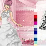 Một cô gái với mái tóc màu hồng mặc váy cưới trắng trong một khung cảnh trang trí màu hồng và trắng