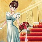 Một người phụ nữ mặc váy dạ hội xanh nhạt, cầm bó hoa hồng, đứng trên cầu thang trải thảm đỏ