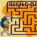 Hình ảnh một mê cung với bản đồ châu Phi ở nền, bên cạnh là một nhà thám hiểm nhỏ đội mũ và mang ba lô