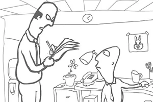Whack Your Boss Hai nhân vật hoạt hình trong văn phòng, một người đang ghi chép và người kia ngồi nhìn, có cây cảnh và điện thoại trên bàn