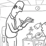 Whack Your Boss Hai nhân vật hoạt hình trong văn phòng, một người đang ghi chép và người kia ngồi nhìn, có cây cảnh và điện thoại trên bàn