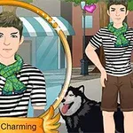 Một nhân vật hoạt hình mặc áo kẻ sọc và khăn quàng xanh đứng cạnh một chú chó, với nhãn Prince Charming
