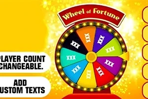 Vòng quay may mắn với nhiều màu sắc khác nhau và dòng chữ Wheel of Fortune nổi bật trên nền vàng