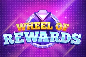 Chữ “Wheel of Rewards” nổi bật trên nền màu tím với hiệu ứng ánh sáng lung linh