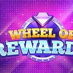 Chữ “Wheel of Rewards” nổi bật trên nền màu tím với hiệu ứng ánh sáng lung linh