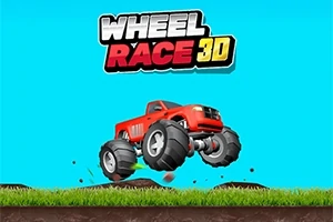 Xe tải lớn màu đỏ với bánh xe khổng lồ đang bay trên nền trời xanh, phía trên là chữ WHEEL RACE 3D