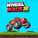 Xe tải lớn màu đỏ với bánh xe khổng lồ đang bay trên nền trời xanh, phía trên là chữ WHEEL RACE 3D