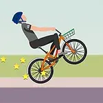 Người đội mũ bảo hiểm đang đi xe đạp, xe nâng bánh trước lên trong không trung trên nền xanh dương nhẹ và sao vàng bay phía sau