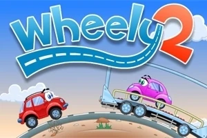 Hai chiếc ô tô hoạt hình màu đỏ và hồng với khuôn mặt biểu cảm, chữ Wheely 2 trên nền trời xanh và mây trắng