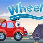 Xe ô tô hoạt hình màu đỏ và tím với khuôn mặt biểu cảm trên đường, cùng dòng chữ Wheely 3 ở phía trên