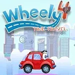 Xe hơi màu đỏ với gương mặt hoạt hình trên nền thành phố cùng dòng chữ Wheely 4 Time Travel