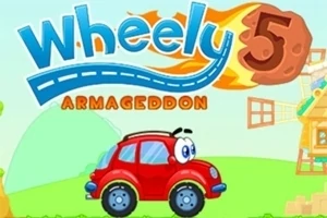 Xe ô tô màu đỏ với đôi mắt hoạt hình lớn nằm dưới chữ Wheely 5: Armageddon và hình ảnh nhà máy gió bên phải