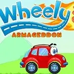 Xe ô tô màu đỏ với đôi mắt hoạt hình lớn nằm dưới chữ Wheely 5: Armageddon và hình ảnh nhà máy gió bên phải