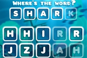 Các ô chữ với chữ cái SHARK nổi bật trên nền dưới nước có bóng dáng tàu chìm
