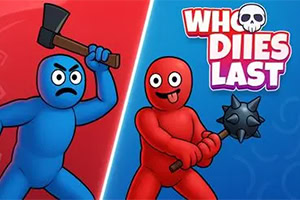 Who Dies Last Hai nhân vật hoạt hình đơn giản với biểu cảm hài hước, một màu xanh cầm rìu và một màu đỏ cầm gậy gai, trên nền chia đôi đỏ và xanh