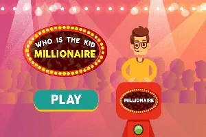 Người đàn ông đeo kính đứng sau bục ghi chữ MILLIONAIRE trên sân khấu có ánh đèn sáng và biển hiệu lớn với chữ WHO IS THE KID MILLIONAIRE