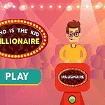 Người đàn ông đeo kính đứng sau bục ghi chữ MILLIONAIRE trên sân khấu có ánh đèn sáng và biển hiệu lớn với chữ WHO IS THE KID MILLIONAIRE