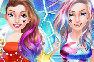 Hai cô gái với mái tóc nhiều màu sắc sặc sỡ đang mỉm cười, mỗi người có một ngôi sao đen bên má