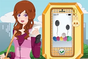 Thiếu nữ tóc nâu đứng bên cạnh một thiết bị có màn hình hiển thị hình ảnh các quả bóng bay nhiều màu sắc